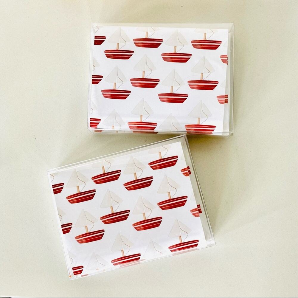 2 NEW ANTHROPOLOGIE White Red Illustrated Sailboats Nautical Card Notecards s/10